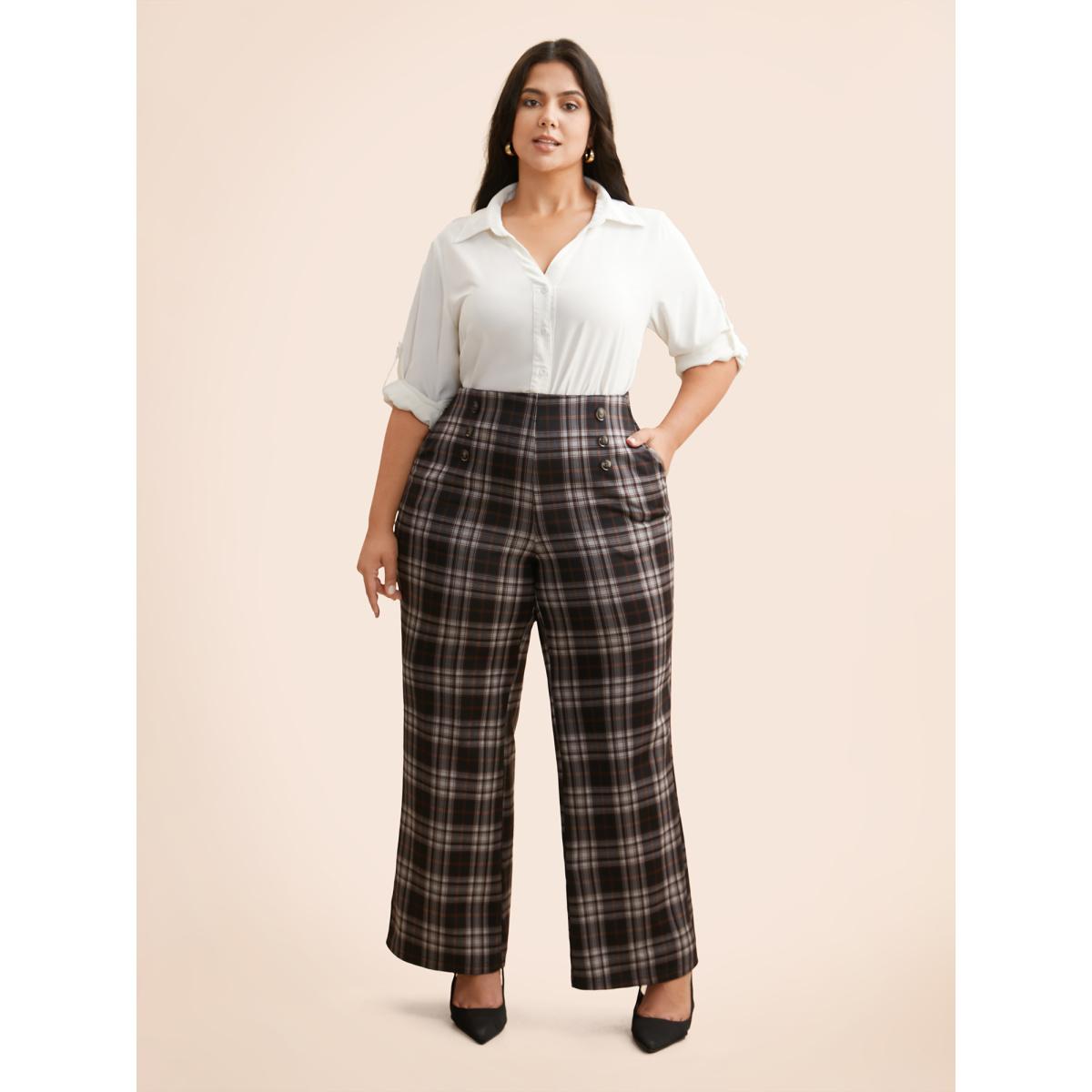 Plus Size Plaid Button Detail Mid Rise Pants Women Black At the Office Wide Leg Mid Rise Work Pants BloomChic 30/6X Product Image