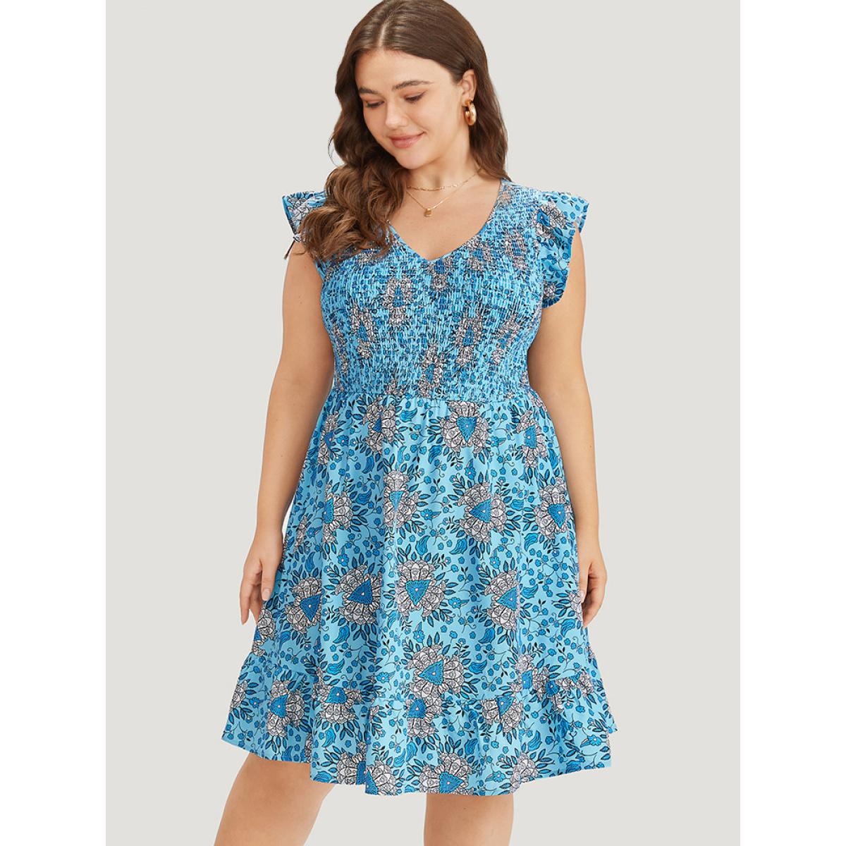 Plus Size Floral Print Shirred Ruffle Cap Sleeve Layered Hem Dress Cerulean Women Elegant Shirred V-neck Cap Sleeve Curvy Knee Dress BloomChic 26/4X Product Image