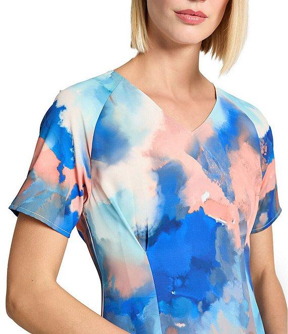 MISOOK Watercolor Crepe V-Neck Short Sleeve Midi Dress Product Image