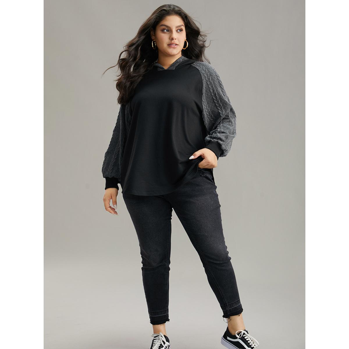 Plus Size Rib Knit Cable Knit Patchwork Hooded Sweatshirt Women Black Casual Elastic cuffs Hooded Dailywear Sweatshirts BloomChic 26/4X Product Image