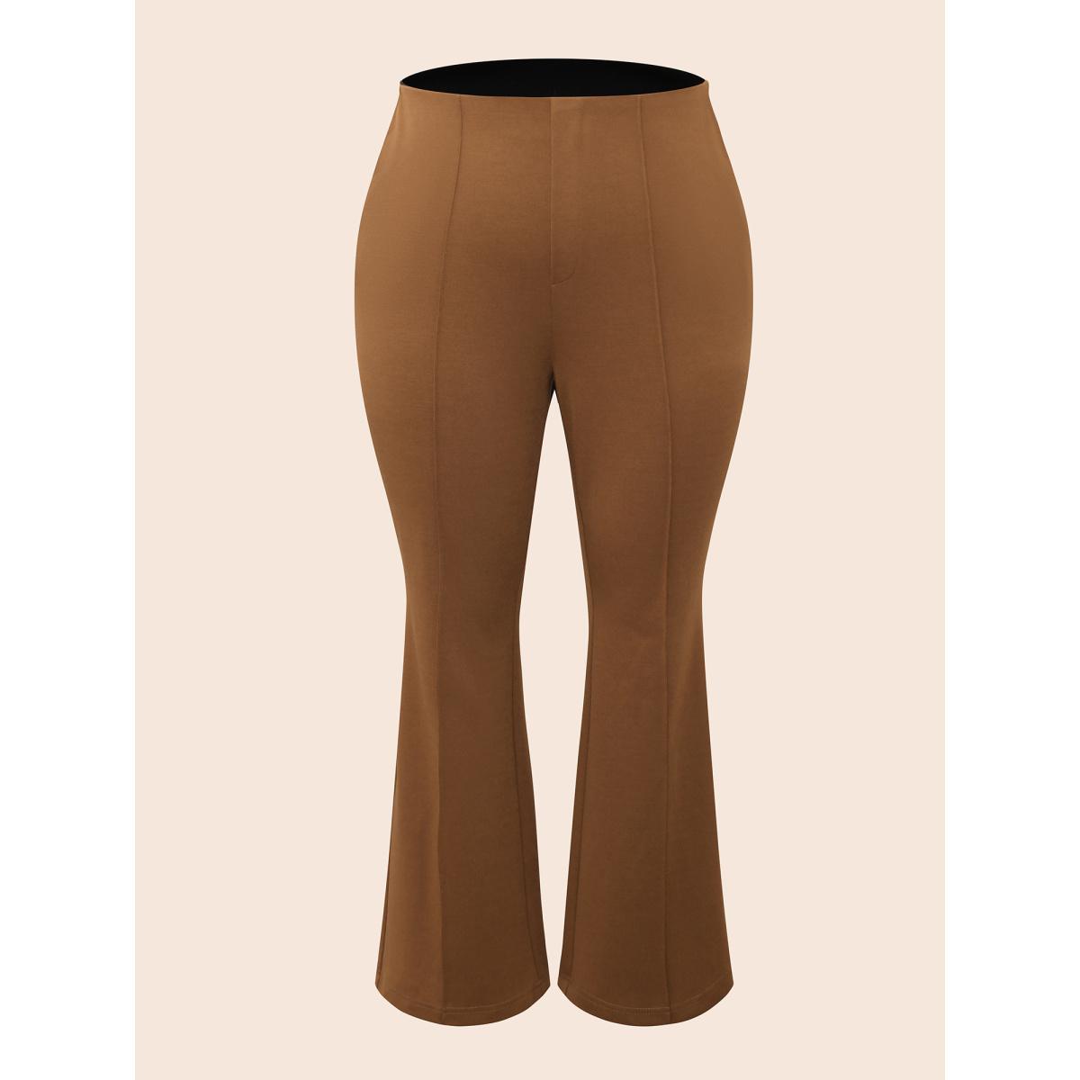 Plus Size Solid Seam Detail Flare Leg Pants Women Yellowishbrown Elegant Flare Leg Mid Rise Everyday Pants BloomChic 30/6X Product Image