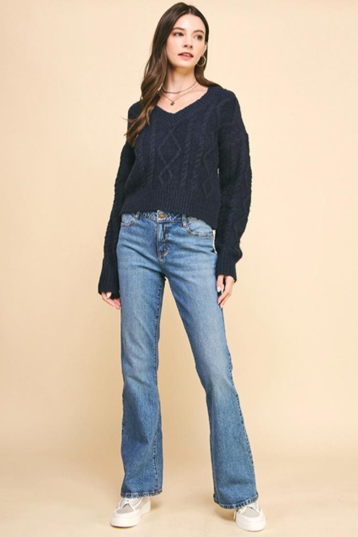 Textured Cable Knit Crop Sweater Product Image