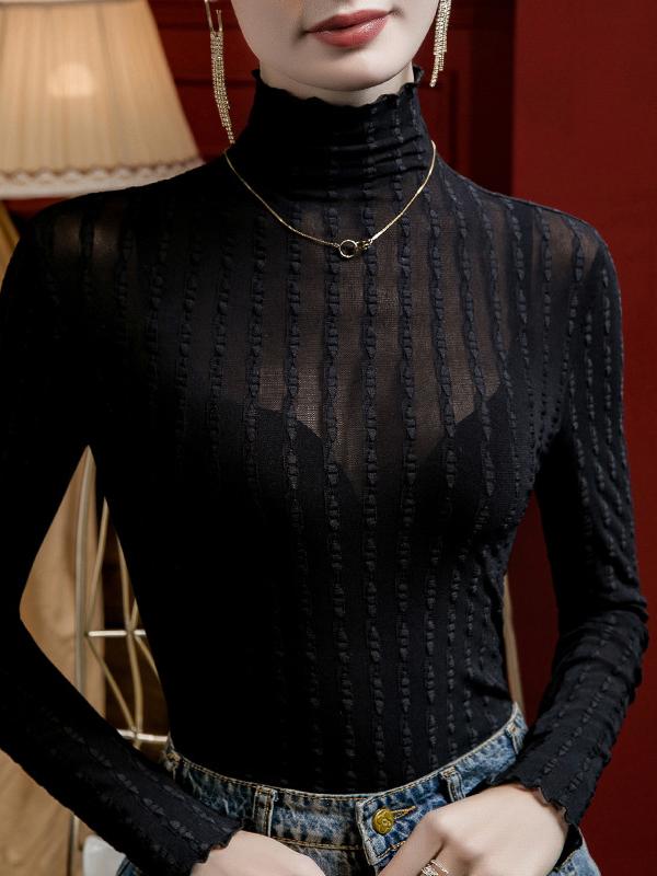 Long Sleeves Plus Size Jacquard See-Through Solid Color Split-Joint High Neck T-Shirts Tops Product Image