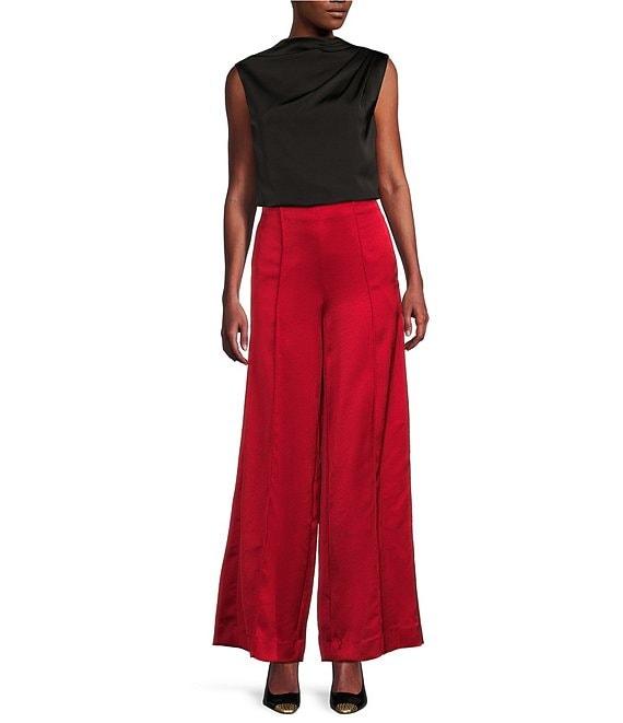 Donna Karan Draped Satin Sleeveless Mock Neck Gathered Shoulder Blouse Product Image