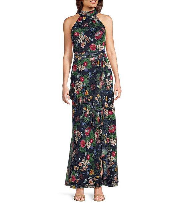 Anne Klein Mesh Floral Print Mock Neck Sleeveless Ruffle Blouson Maxi Dress Product Image