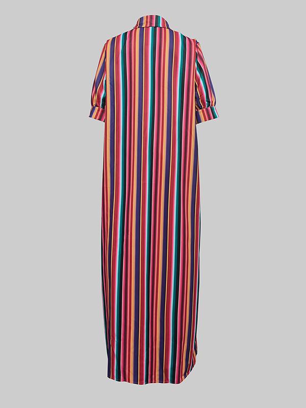 Long Sleeves Loose Split-Joint Striped Lapel Maxi Dresses Shirt Dress Product Image