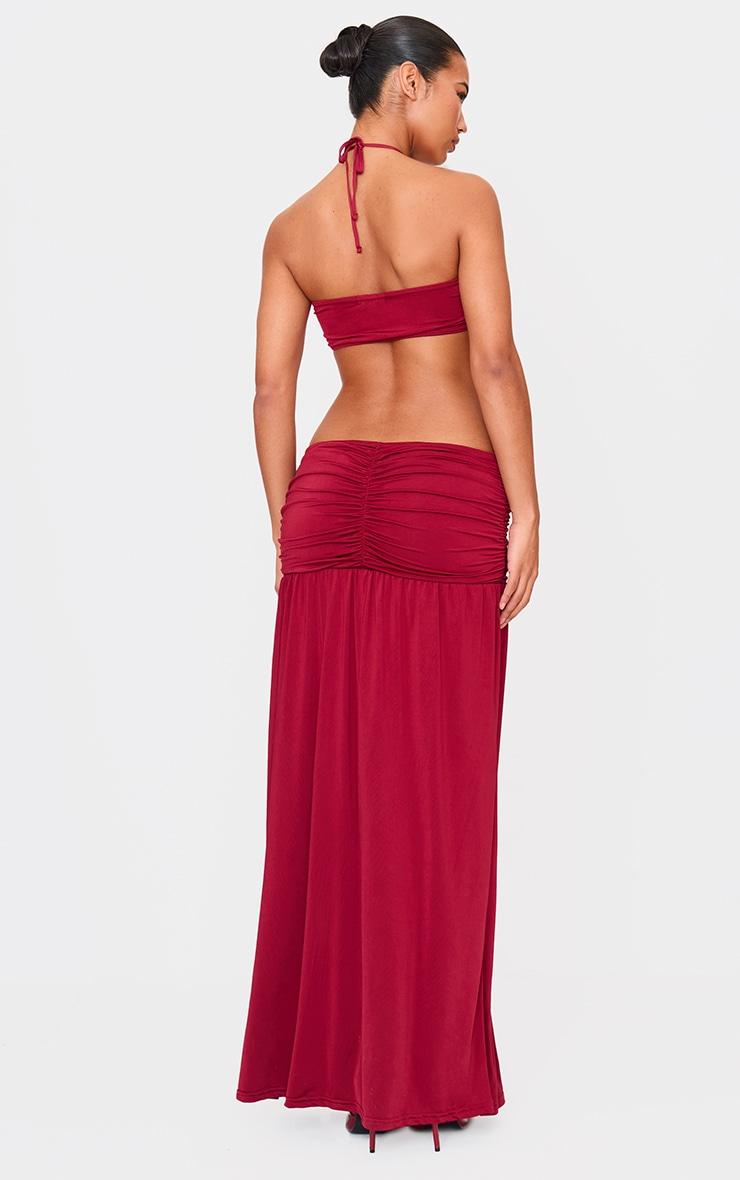 Burgundy Double Layer Slinky Tie Neck Cut Out Maxi Dress Product Image
