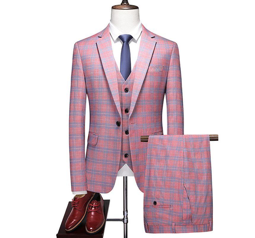 Set: Plaid One-Buttoned Blazer + V-Neck Button-Up Vest + Mid Rise Tapered Dress Pants Product Image