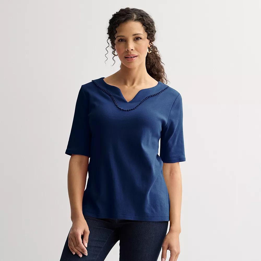 Women's Croft & Barrow® Bobble Trim Splitneck Elbow Sleeve Top, Size: Medium, Felix Blue Product Image