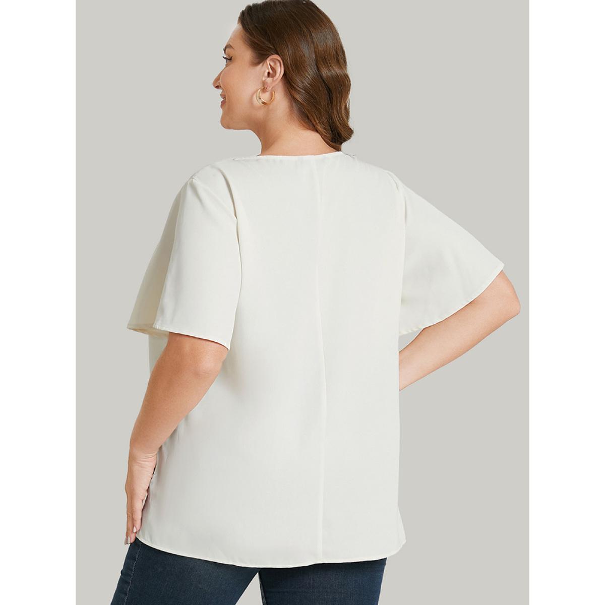Plus Size Ivory Solid Ruffle Sleeve Crisscross Neck Blouse Women Office Short sleeve Round Neck Work Blouses BloomChic 30/6X Product Image