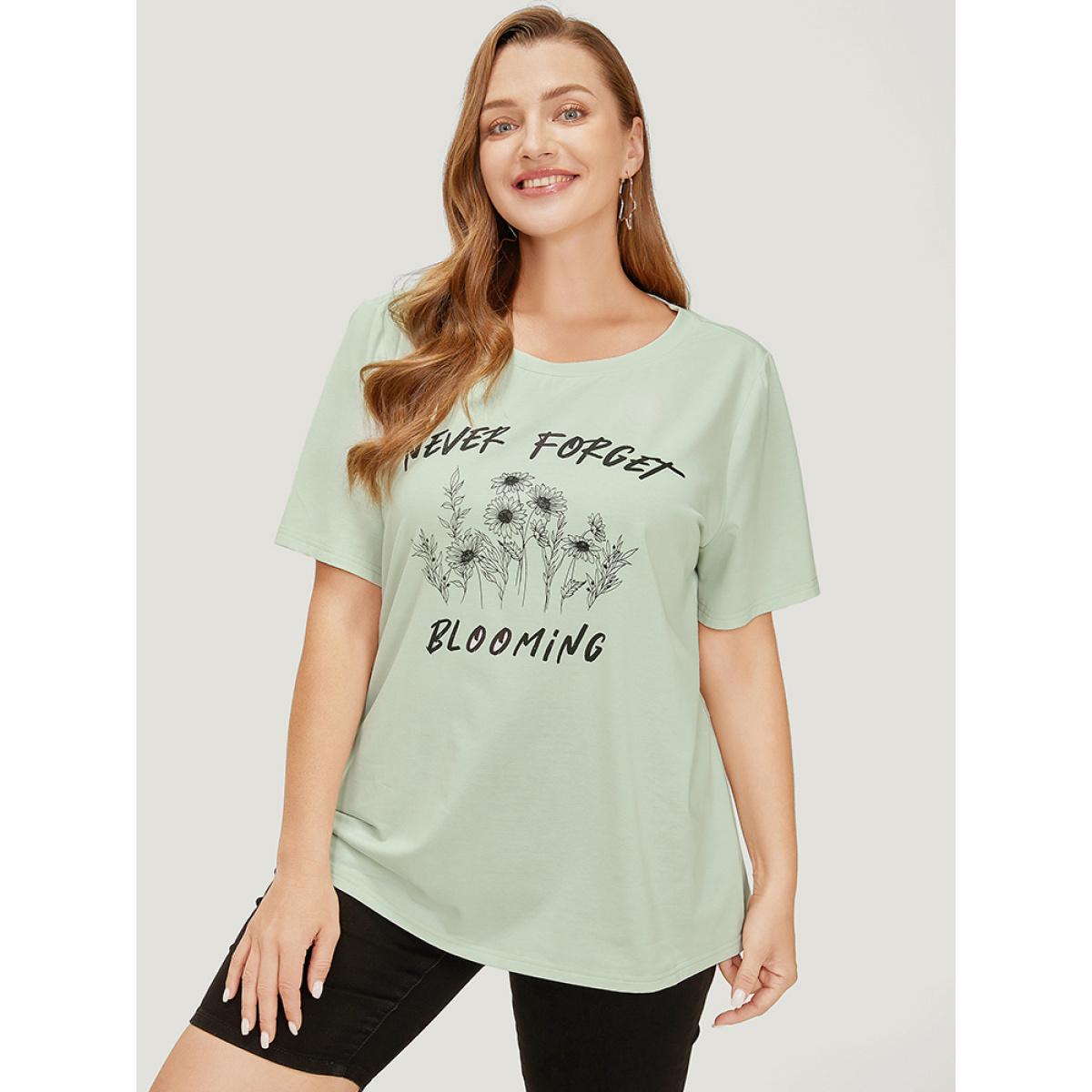 Plus Size Sunflower & Letter Print Slightly Stretchy Short Sleeve T-shirt LightGreen Women Casual Natural Flowers Dailywear T-shirts BloomChic 14-16/1X Product Image