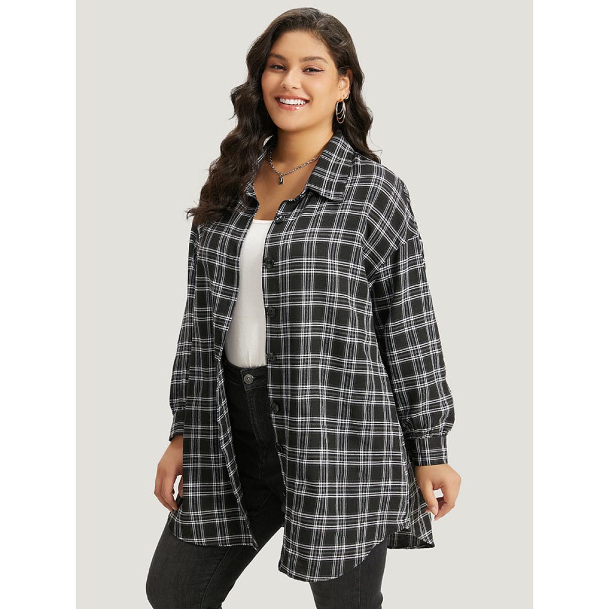 Plus Size Plaid Button Fly Curved Hem Shirt Collar Coat Women Black Casual Arc Hem Ladies Dailywear Winter Coats BloomChic 18-20/2X Product Image