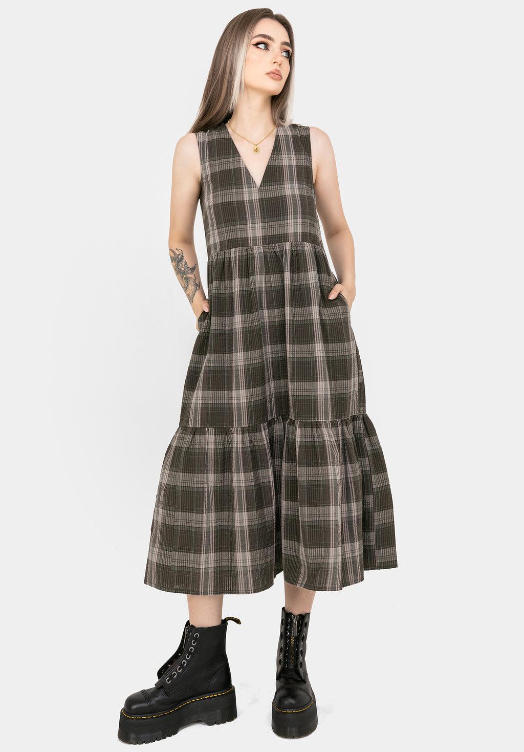 Clara Cotton Check Sleeveless Tiered Smock Midi Dress Product Image