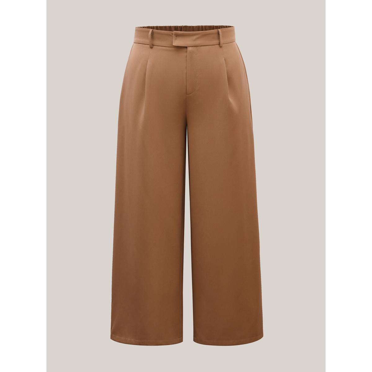 Plus Size Stretchy Waist Pleated Wide-Leg Pants Women Wheat At the Office Wide Leg Mid Rise Work Pants BloomChic 10/M Product Image