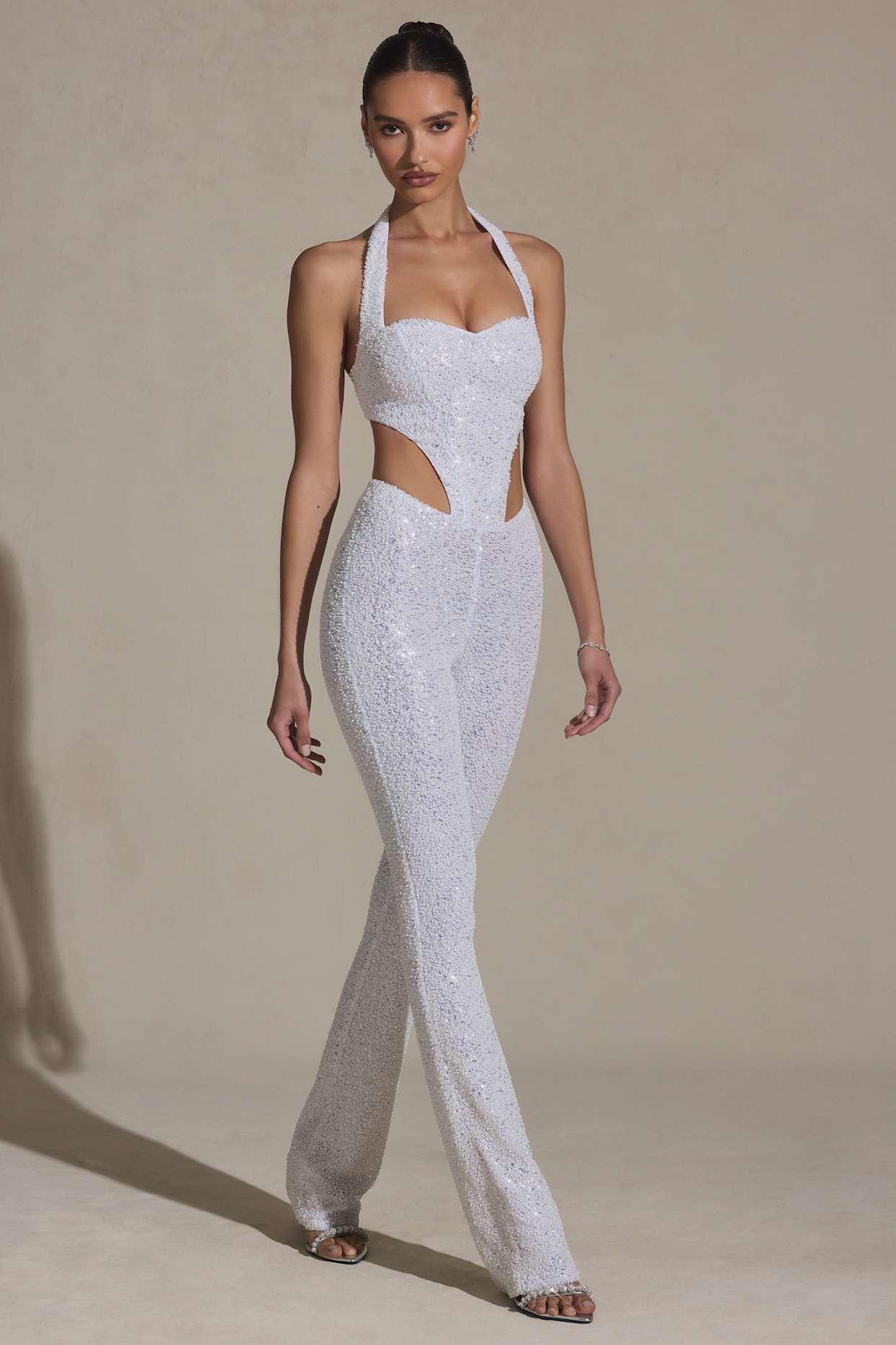 Embellished Cut-Out Jumpsuit in White Product Image