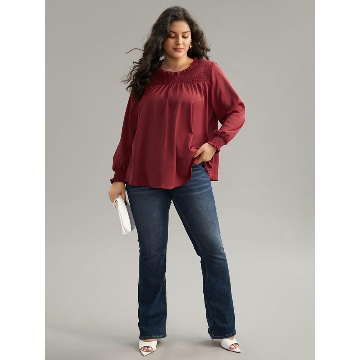Plus Size Scarlet Static-Free Solid Shirred Frill Trim Blouse Women Office Long Sleeve Round Neck Office Blouses BloomChic 14-16/1X Product Image