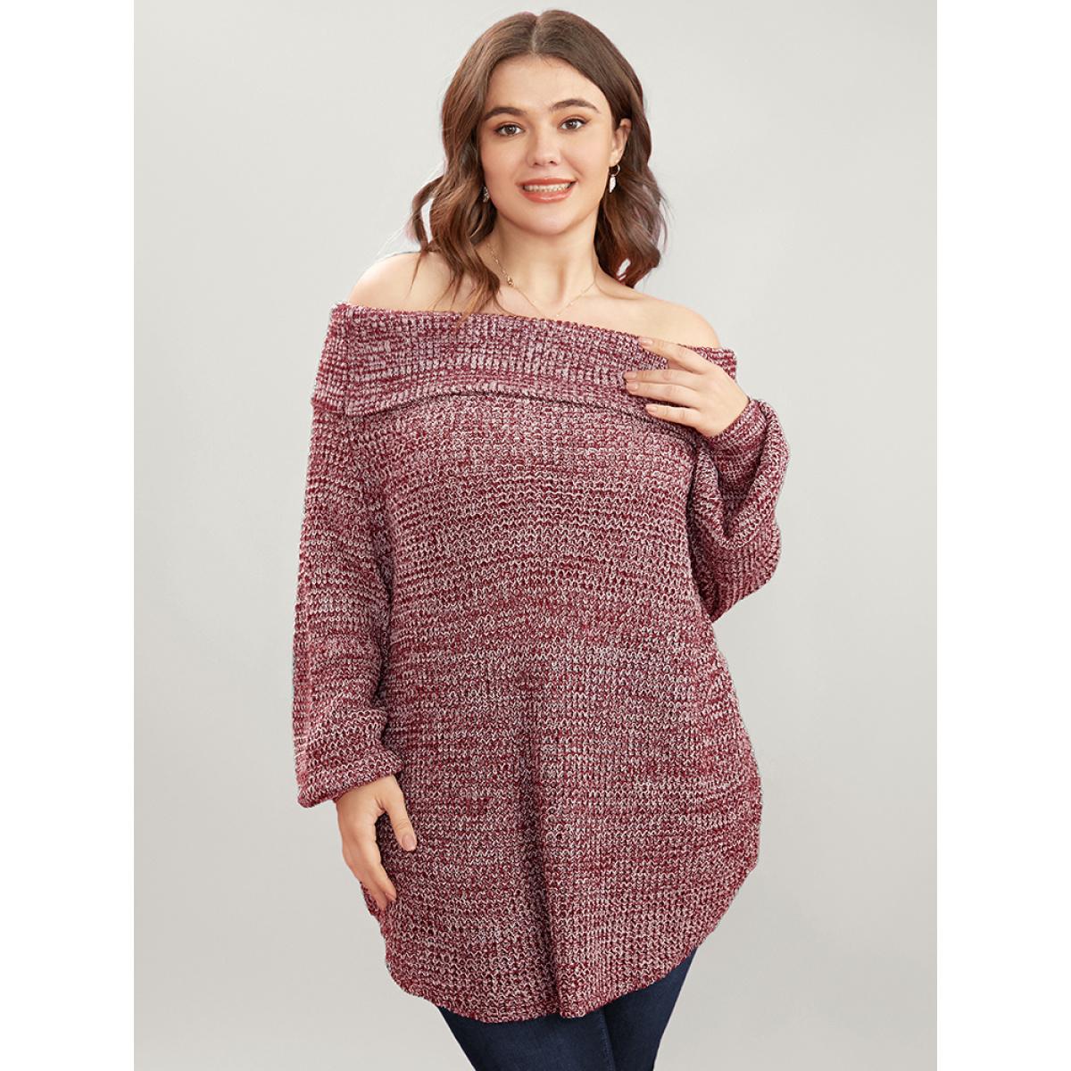 Plus Size Solid Pointelle Knit Off Shoulder Arc Hem Heather Knit Top Russet Women Elegant Loose Long Sleeve One-shoulder neck Dailywear Pullovers BloomChic 10/M Product Image