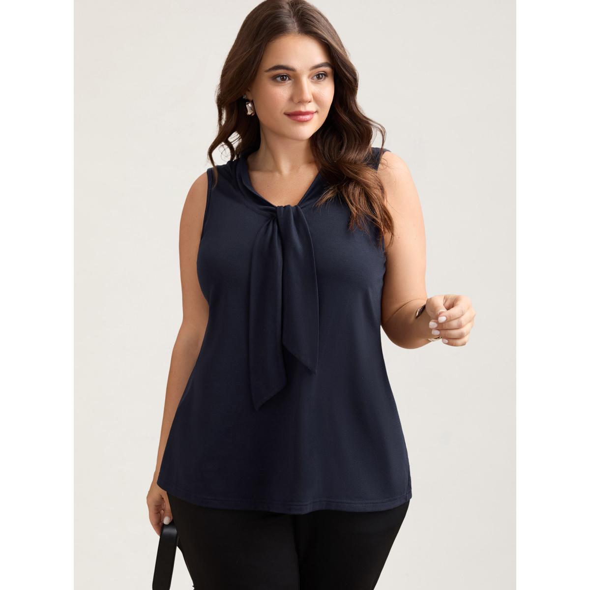 Plus Size Knotted Neckline Fitted Sleeveless Blouse Women Indigo Office Non Ribbon-tied collar Office Tank Tops Camis BloomChic 26/4X Product Image
