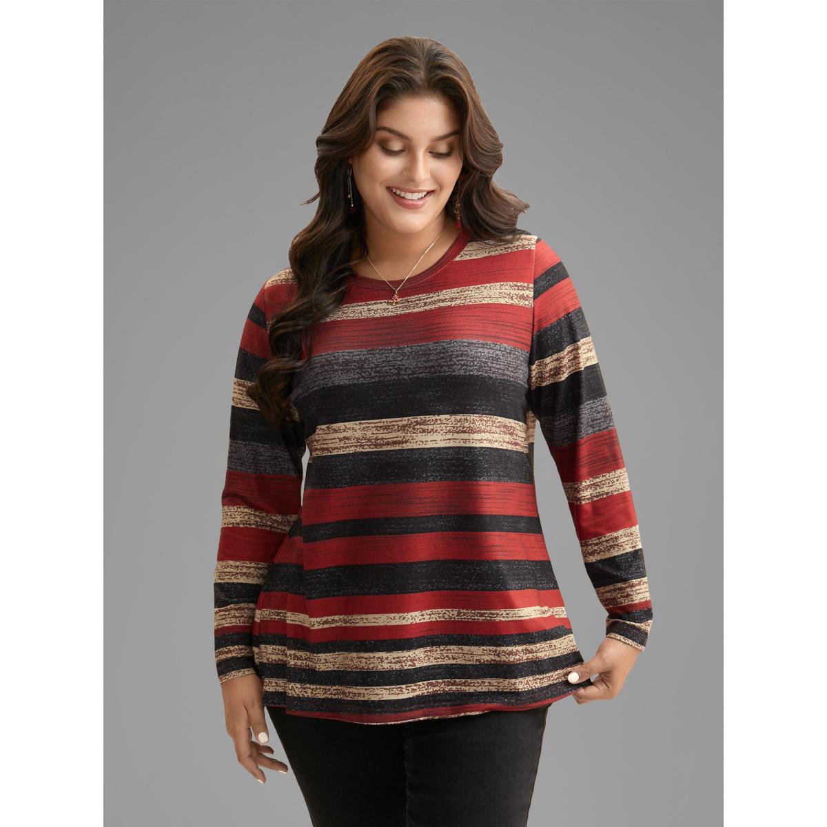 Plus Size Holiday Colorful Striped Tee Multicolor Women Casual Contrast Round Neck Everyday T-shirts BloomChic 28/5X Product Image