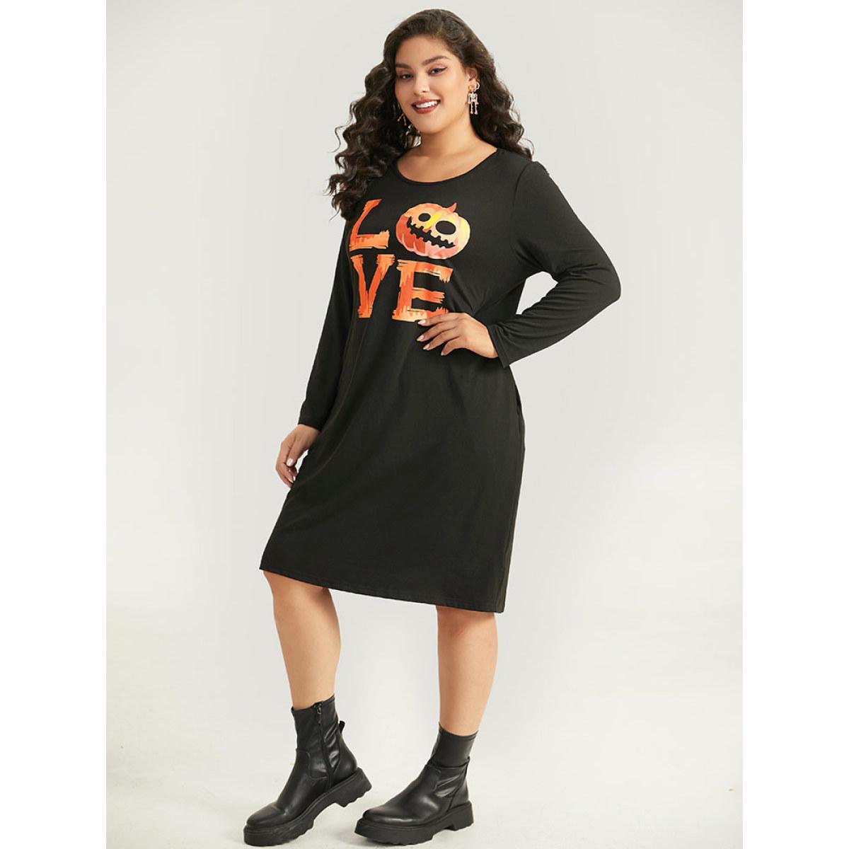 Plus Size Halloween Pumpkin & Letter Print Pocket Lace Panel Dress Black Women Casual Printed Curvy Midi Dress BloomChic 18-20/2X Product Image
