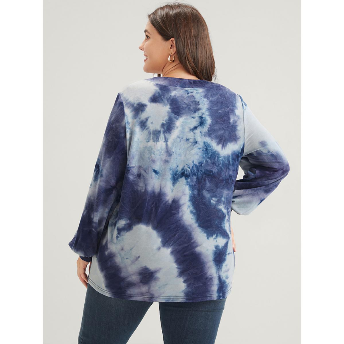 Plus Size Tie Dye Fake Button V Neck Sweatshirt Women Blue Casual Tie Dye Loose V-neck Dailywear Sweatshirts BloomChic 26/4X Product Image