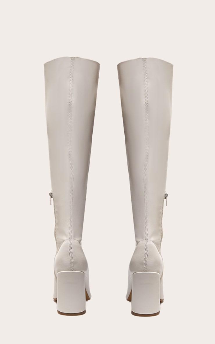 Cream PU Wide Fit Round Toe Knee High Block Heeled Sock Boots Product Image
