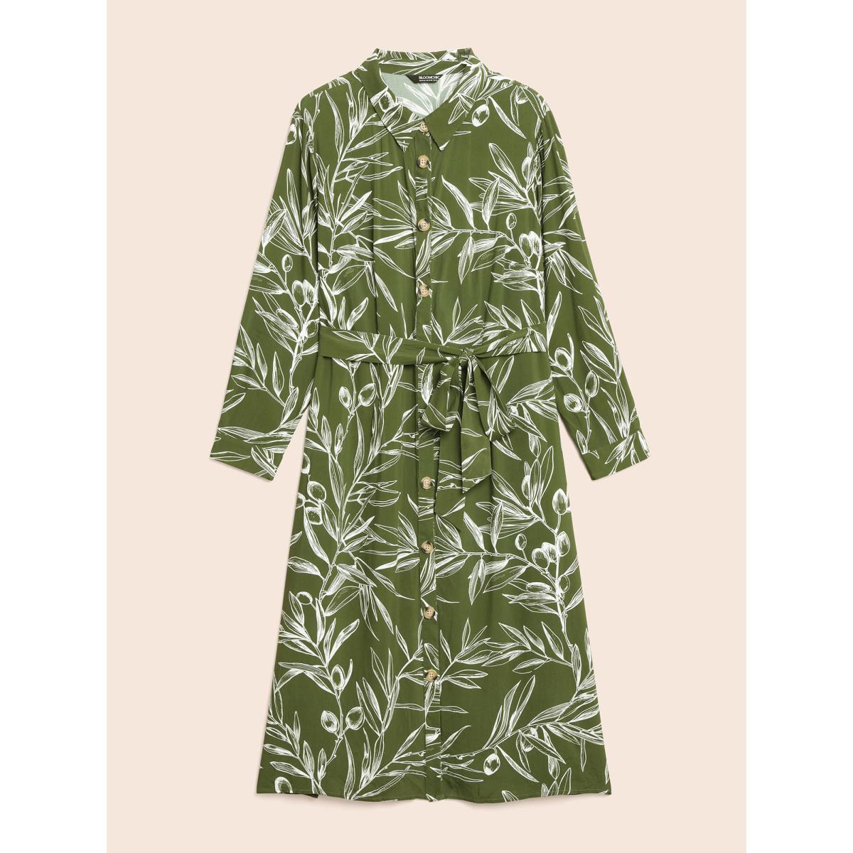 Plus Size Shirt Collar Plants Print Belted Dress Olive Women Casual Shirt collar Long Sleeve Curvy BloomChic 14-16/1X Product Image