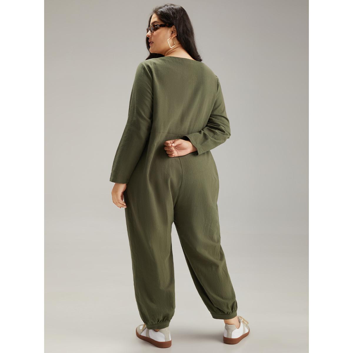 Plus Size ArmyGreen Plain Pocket Button Up Pleated Jumpsuit Women Basics Long Sleeve Round Neck Everyday Loose Jumpsuits BloomChic 28/5X Product Image