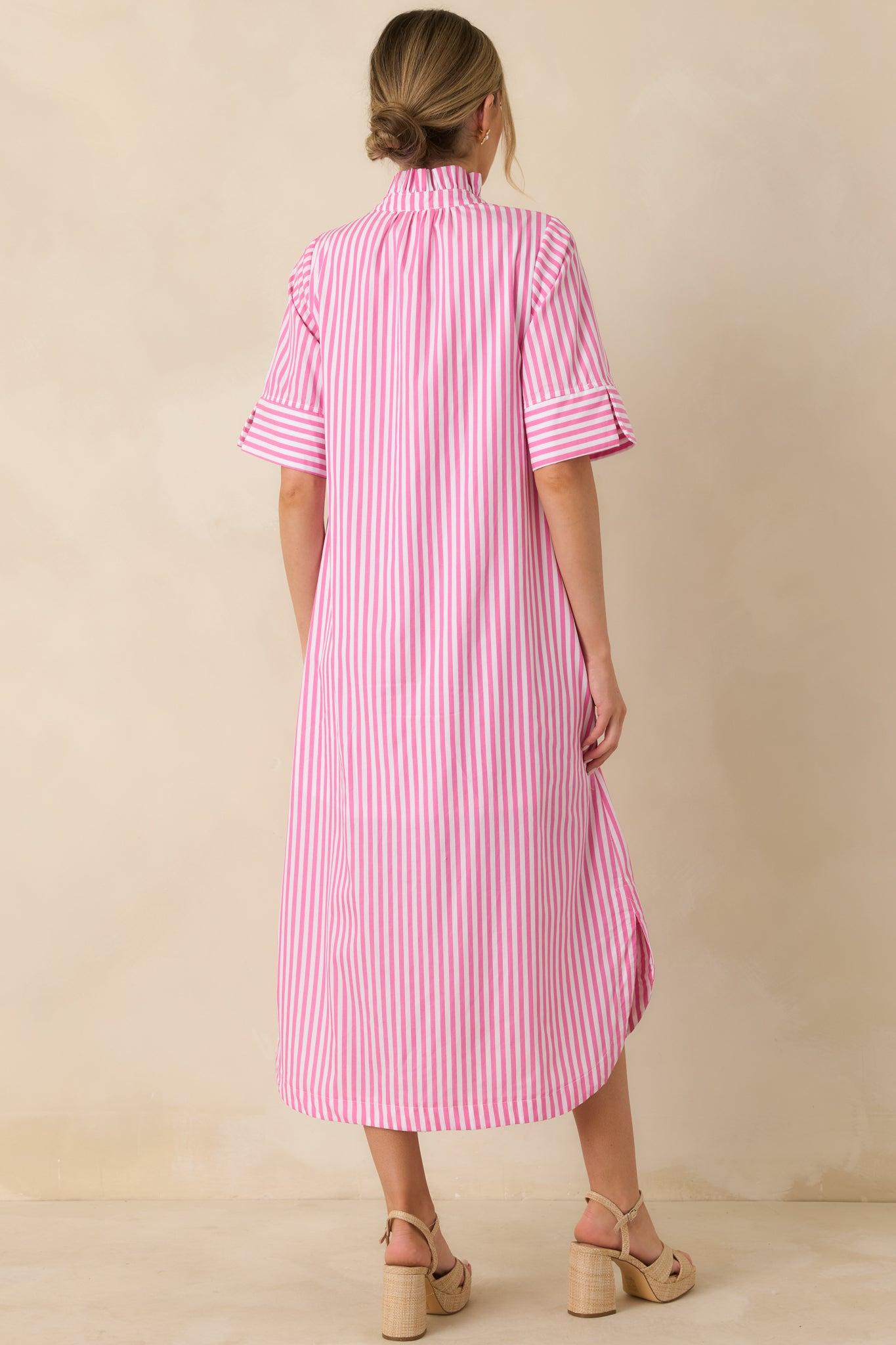 In Perfect Order Pink Stripe Button Front Ruffle Collar Midi Shirt Dress Product Image