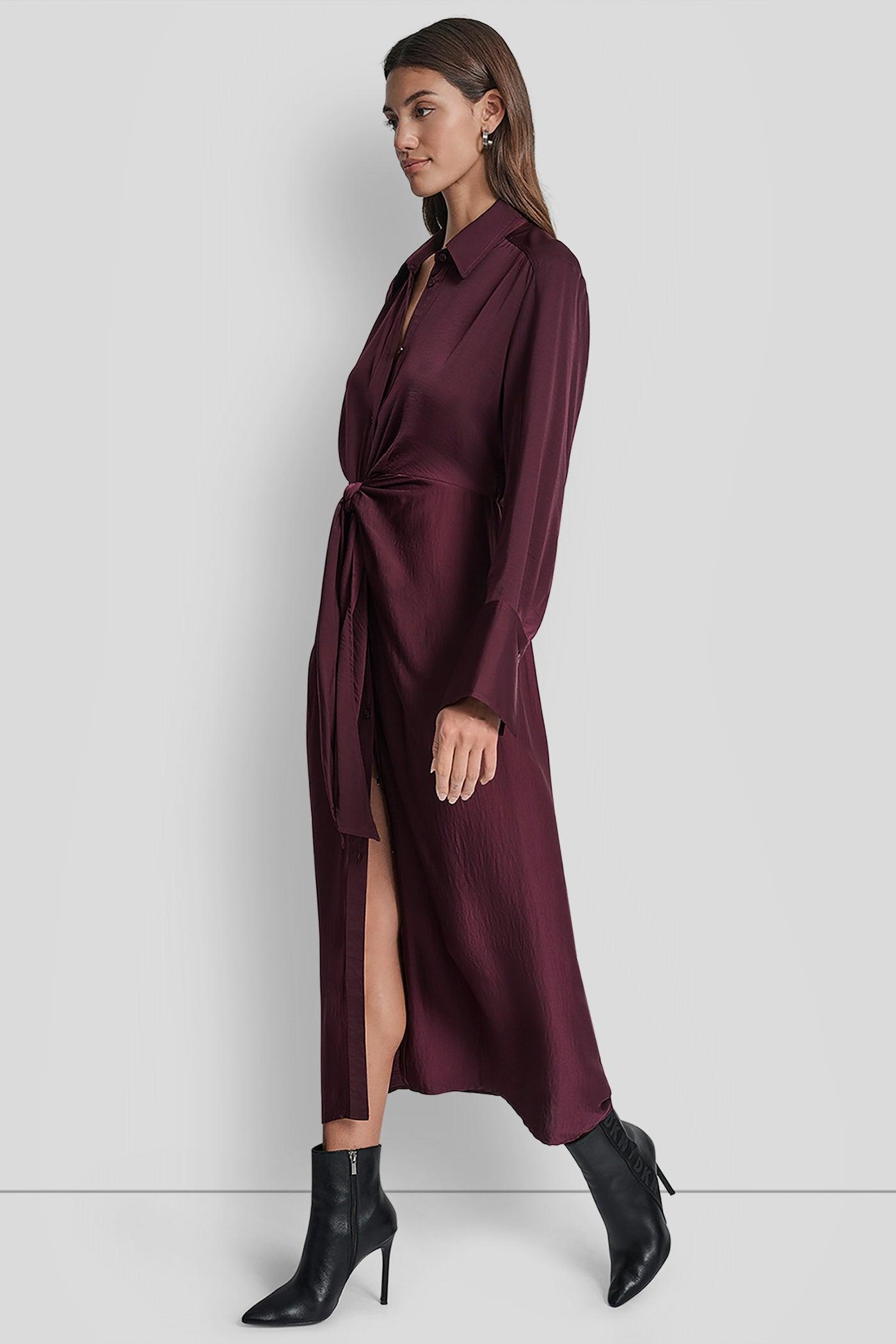 LONG SLEEVE BUTTON FRONT SHIRT DRESS WITH TIE WAIST Product Image