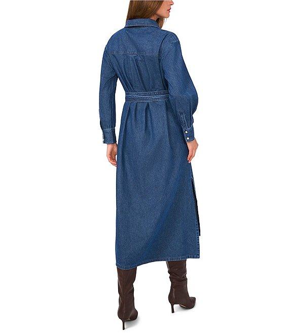 1. STATE Button Front Collared V-Neckline Long Sleeve Midi Shirt Dress Product Image