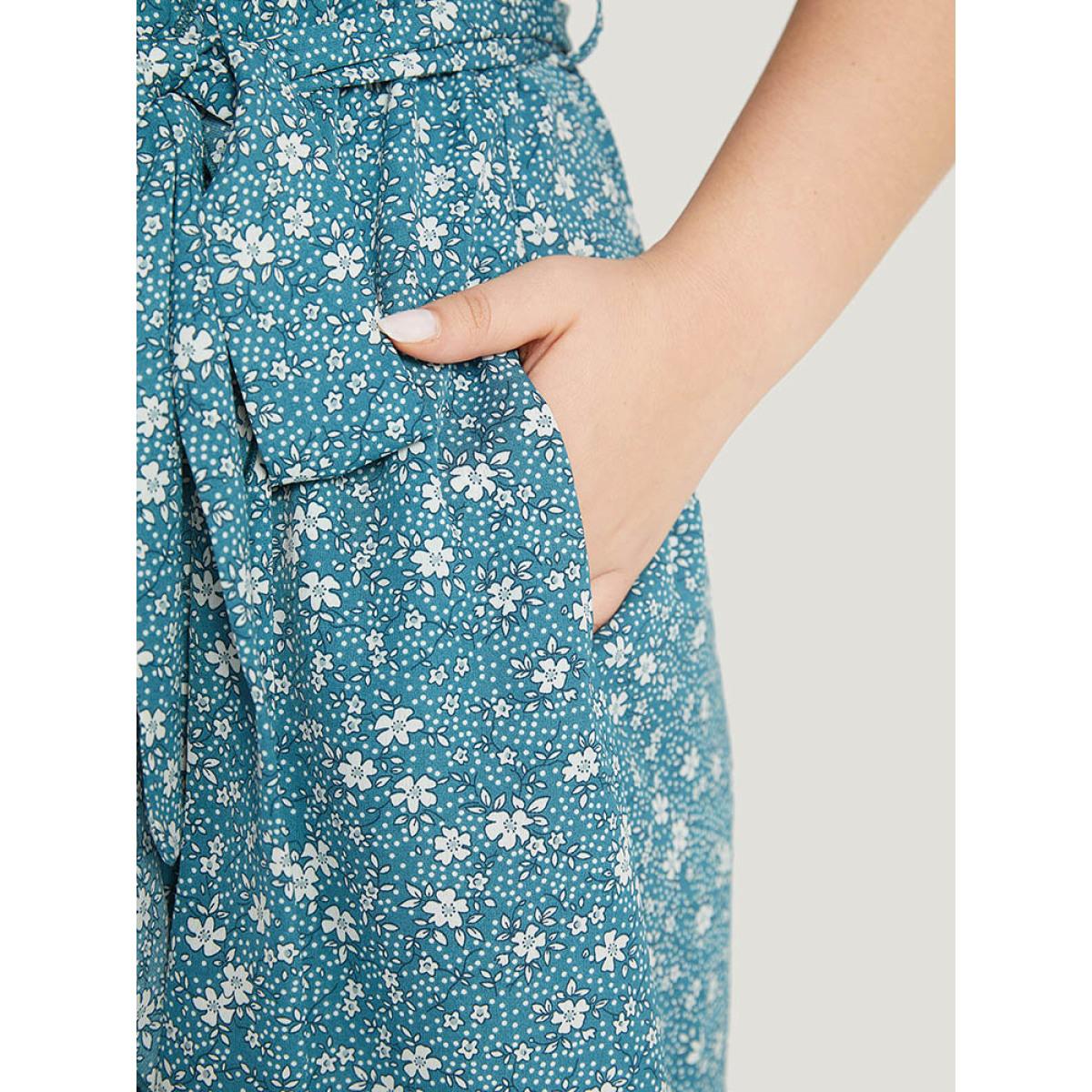 Plus Size Ditsy Floral Pocket Patchwork Belted Wrap Ruffle Dress Cerulean Women Office Plain V-neck Half Sleeve Curvy Knee Dress BloomChic 18-20/2X Product Image