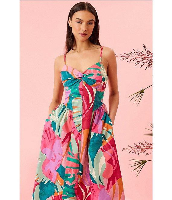 Donna Morgan Sweetheart Twist Front Sleeveless Tropical Printed Cotton Poplin Fit & Flare Midi Dress Product Image