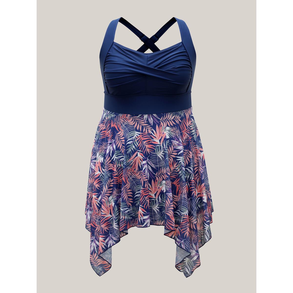 Plus Size Tropical Print Mesh Twist Front Swim Dress Women's Swimwear Indigo Beach Skinny Heart neckline High stretch Curve Swim Dresses BloomChic 28/5X Product Image