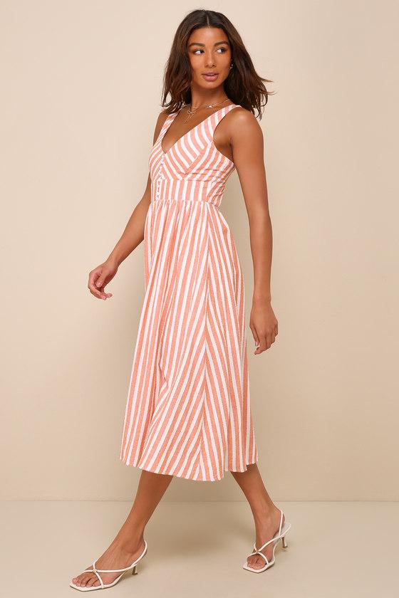 Sun-Kissed Cutie Orange Striped Backless Midi Dress Product Image