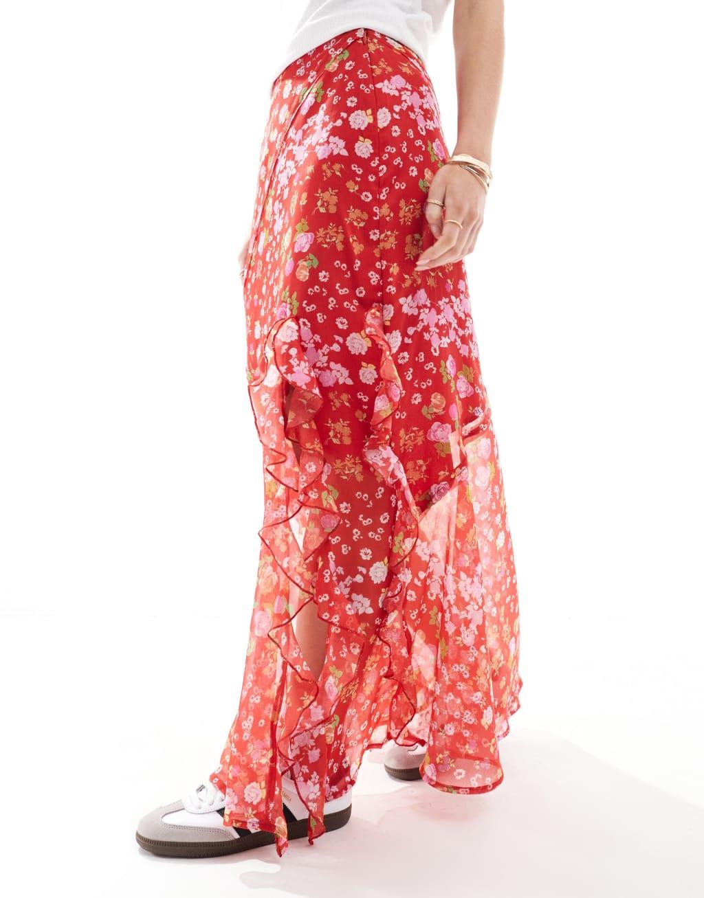 ASOS DESIGN petite chiffon ruffle maxi skirt in floral print Product Image