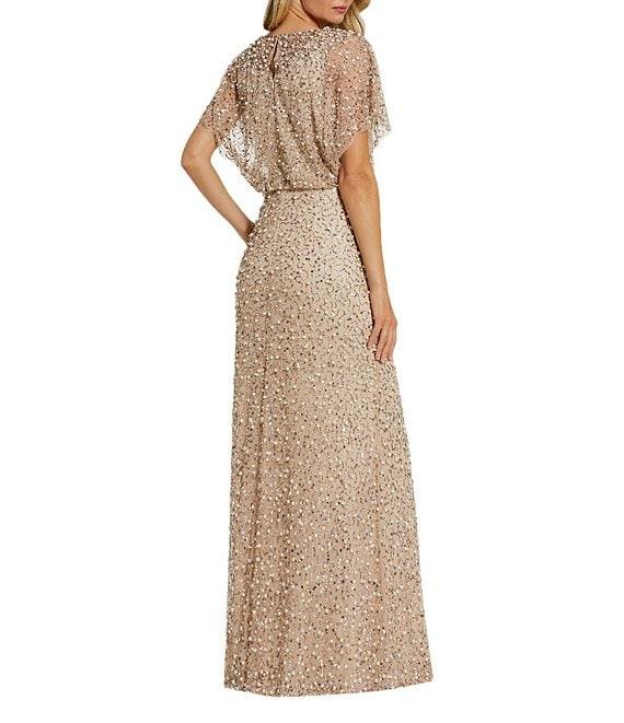 Mac Duggal Pearl Sequin Beaded Mesh Boat Neck Short Flutter Sleeve Shawl Gown Product Image