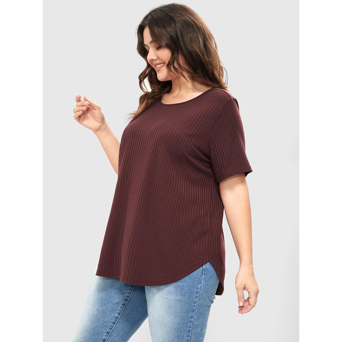 Plus Size Plain Button Back Rib Knit Tee Burgundy Women Elegant Button Plain Round Neck Dailywear T-shirts BloomChic 10/M Product Image