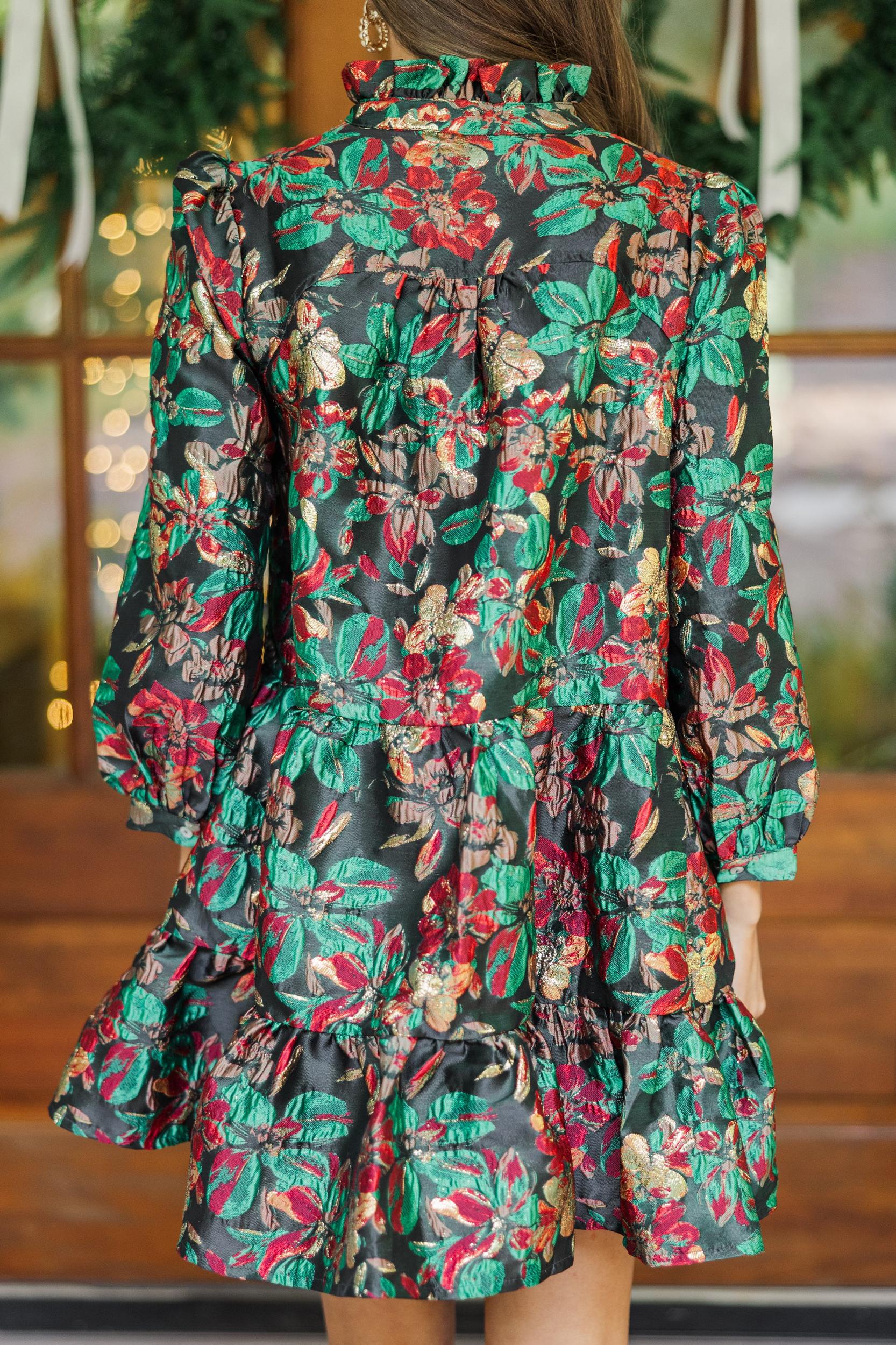 Just A Feeling Emerald Green Floral Brocade Dress Female Product Image