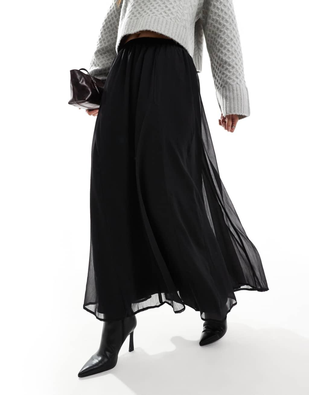 ASOS DESIGN chiffon flare maxi skirt in black Product Image