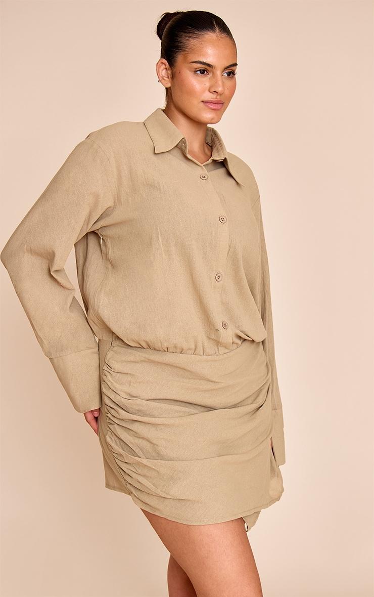 Plus Khaki Linen Look Shirt Style Long Sleeve Skort Romper Product Image