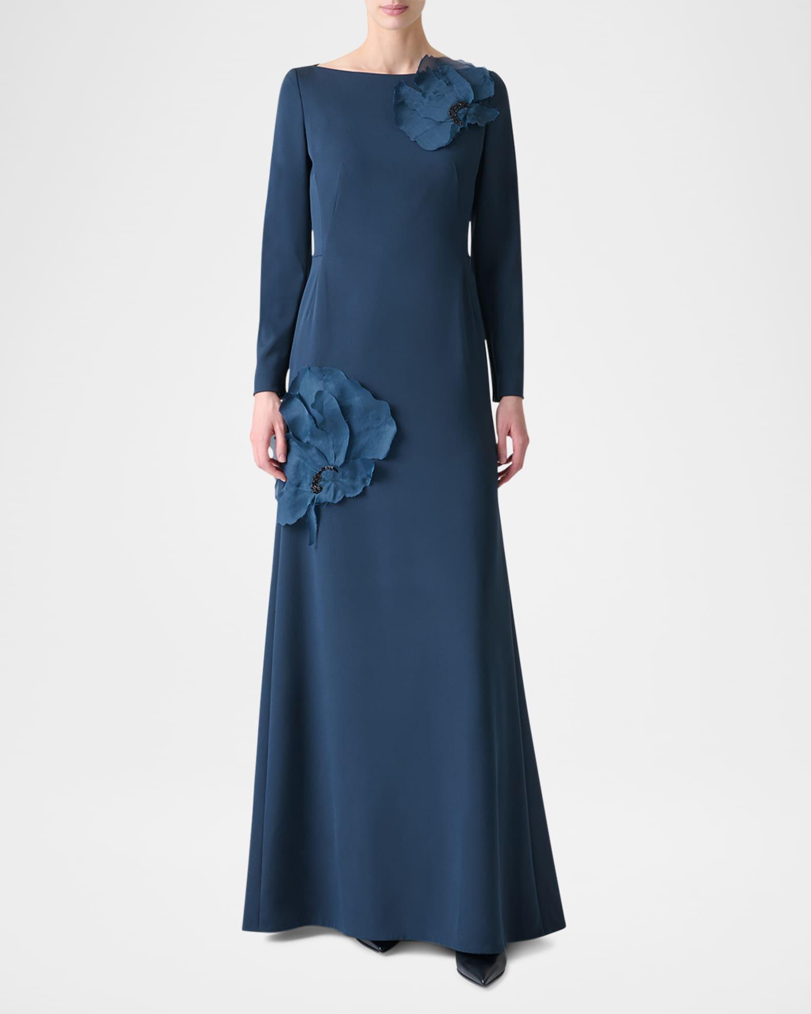 Organza Anemone Corsage Long-Sleeve Crepe Gown Product Image