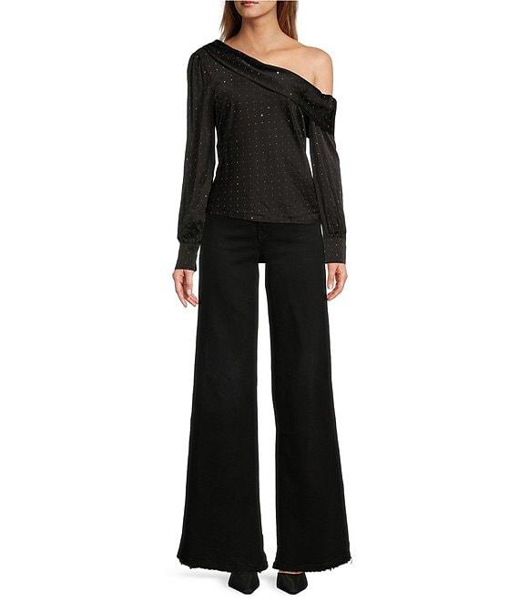 ASTR The Label Ellen Satin One-Shoulder Neck Long Sleeve Rhinestone Top Product Image