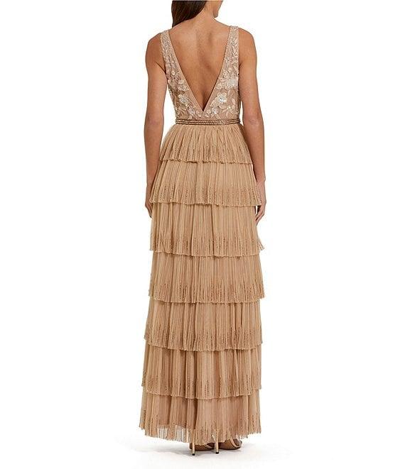 Mac Duggal Beaded 3D Flower Mesh Plunging V-Neck Embellished Waist Tiered Ruffle Column Gown Product Image