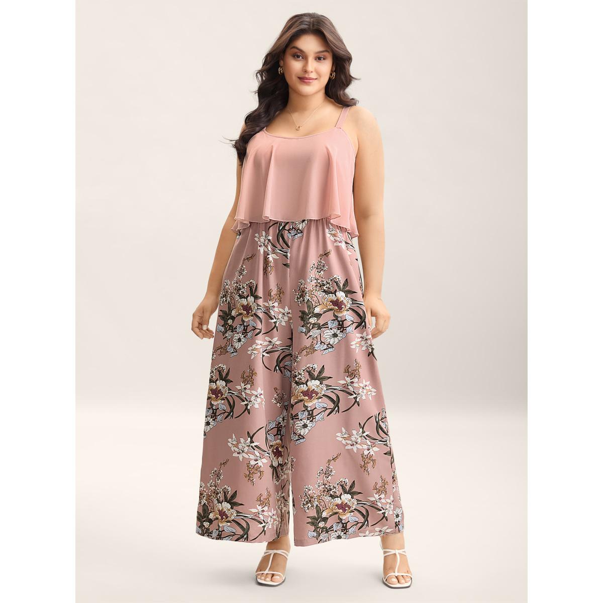 Plus Size DustyPink Large Flower Print Spliced Wide-Leg Jumpsuit Women Timeless Sleeveless U-neck Elegant Loose Jumpsuits BloomChic 12/L Product Image