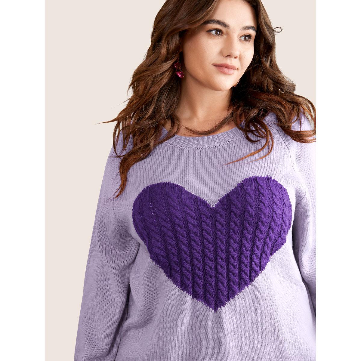 Plus Size Heart Cable Knit Two Tone Raglan Sleeve Pullover Lilac Women Casual Long Sleeve Round Neck Everyday Pullovers BloomChic 14-16/1X Product Image