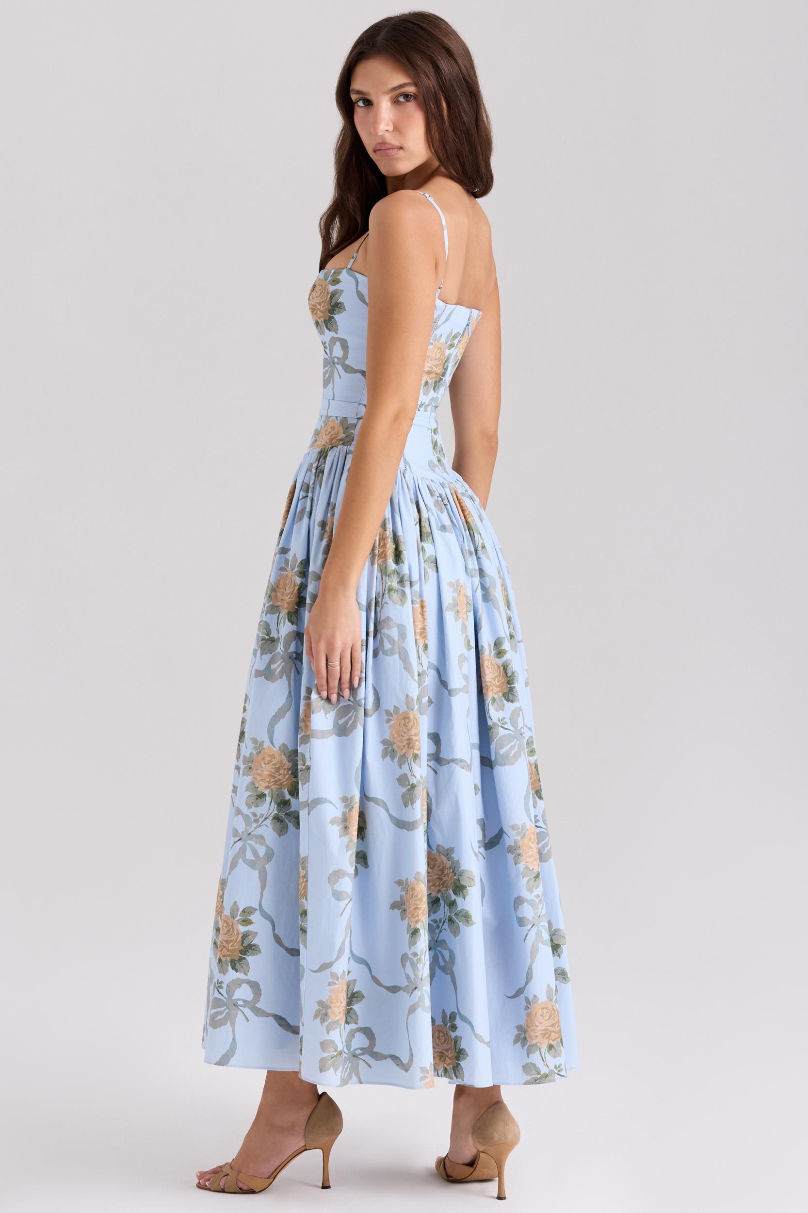 Ysabella  blue vintage rose print cotton midi sundress Product Image