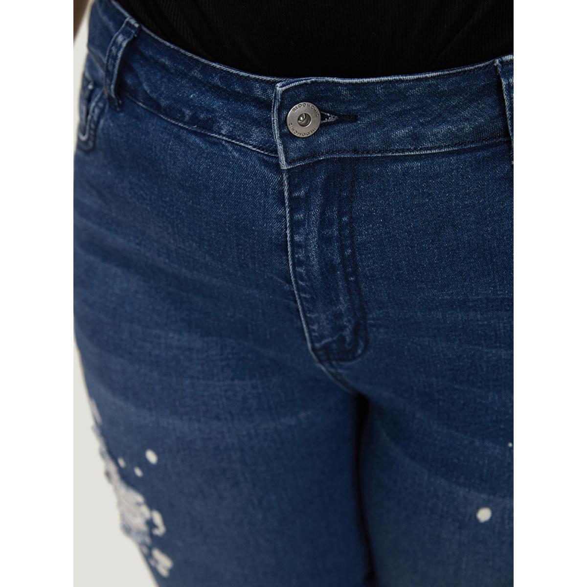 Plus Size Paint Splatter Roll Distressed Medium Wash Jeans Women Blue Casual Plain Printed High stretch Pocket Jeans BloomChic 10/M Product Image