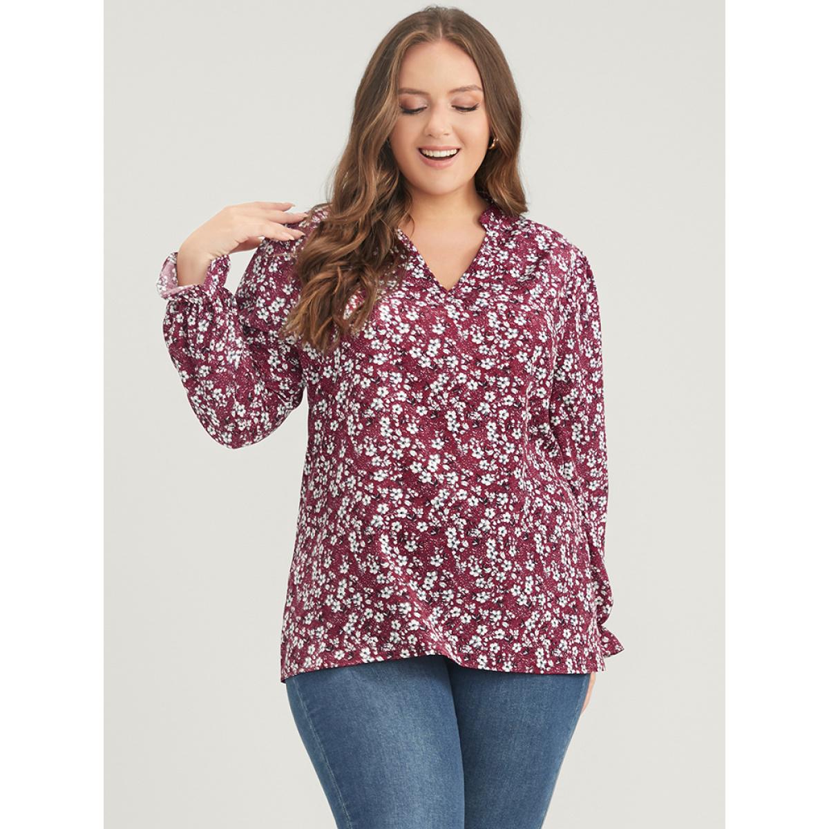 Plus Size Burgundy Floral Lantern Sleeve Arc Hem V Neck Blouse Women Elegant Long Sleeve V-neck Dailywear Blouses BloomChic 22-24/3X Product Image