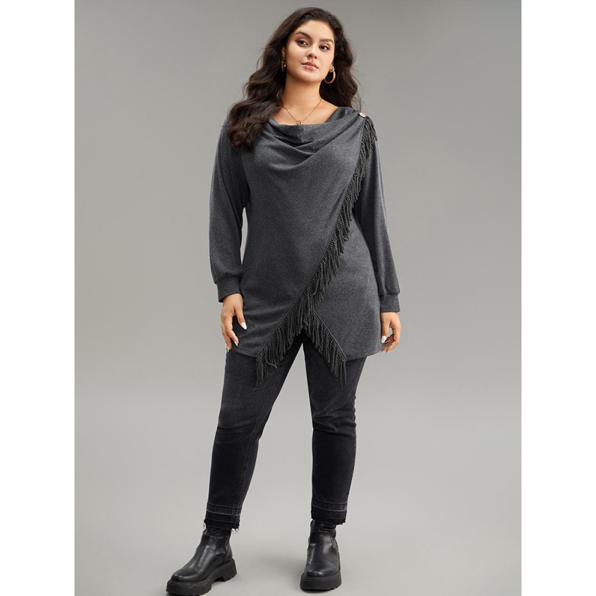 Plus Size Cowl Neck Tassels Button Detail Wrap Sweatshirt Women DimGray Elegant Wrap Cowl Neck Everyday Sweatshirts BloomChic 14-16/1X Product Image